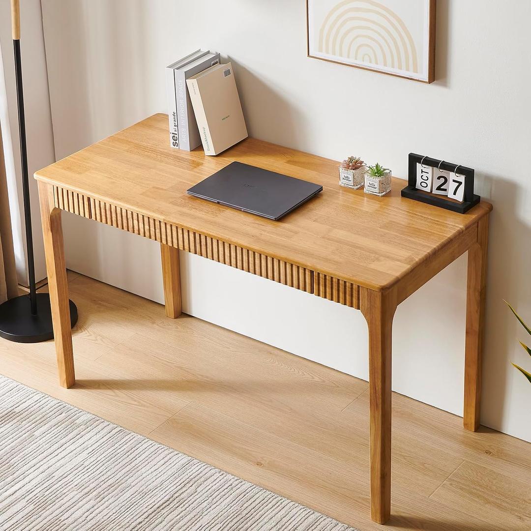 Solid Wood Desk with Drawers, Light Wood Desk for Small Spaces, Small Writing Desk for Bedroom, Gaming Study Home Office Wooden Desks for Work, 47 inch Wood Computer Desk, 47.2 inches x 22 inches x 29.5 inches