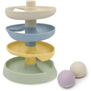 Little Rawr Silicone Ball Drop Tower Toy for Toddlers, 4-Tier Rolling Ramp Track with Wooden Balls, Soft Food-Grade Silicone Montessori Toy for Early Learning, Fine Motor Skill Development, Ages 13