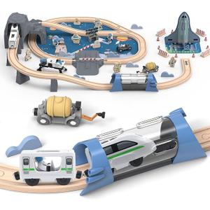 JugueteLand 82 Pcs Wooden Train Set for Toddlers, Magnetic Train with Track for Kids Ages 3-6, Compatiable with Major Brands, Space Railway Playset