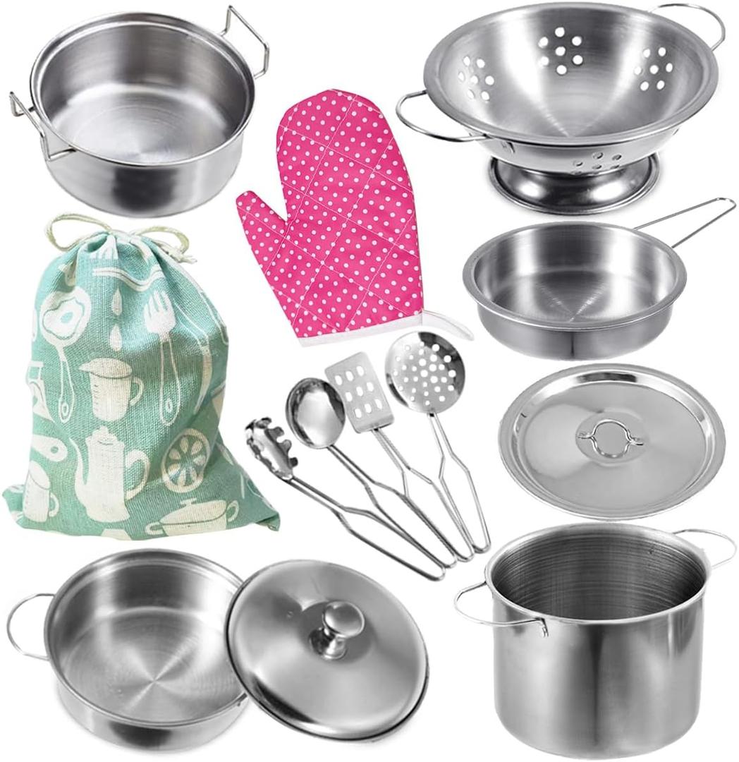Cookware Pots and Pans Play Set with Cooking Mini Stainless-Steel Kitchen Cooking Utensils Toys,Pretend Toys for Kids, EducationalDevelopment Toy Kitchen Playset Accessories for Kids