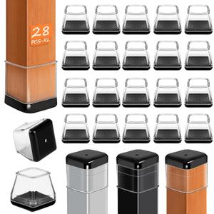 28 Pcs Chair Leg Sliders for Carpet Rug, Square Chair Glides, Silicone Furniture Leg Protectors Caps Kitchen Table Feet Covers with Plastic Pads, No Scratches (Fit:1-1/2"~1-3/4", Clear) (Square XL (1.50"-1.77"))