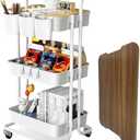 3 Tier Rolling Cart with Metal Handle, Table Top, Hanging Cups, Hooks, Plastic Storage Baskets& Wheels Lockable, Utility Cart for Bathroom Classroom Office Kitchen Pantry Organizers and Storage, White