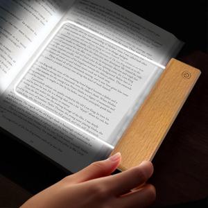 WangMoxi Clear Flat Book Light for Bed, Stand-up LED Page Light with Wooden Base, Hover Over Book for Even Glare-Free Light, 3 Colors Dimmable, Memo Board for Notes, Gift for Book Lovers