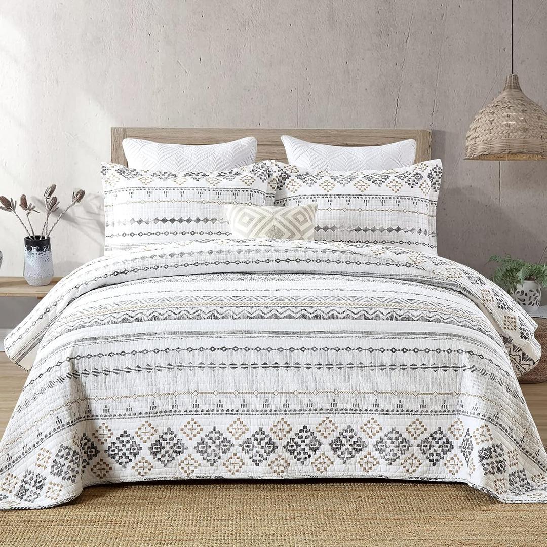 Finlonte King Quilt Set, King Size Cotton Quilt Sets, Boho Stripe Bohemian Geometric Bedspread for King Size Bed, White Grey Black Lightweight Bedding Set, Bed Quilt 3 Pieces