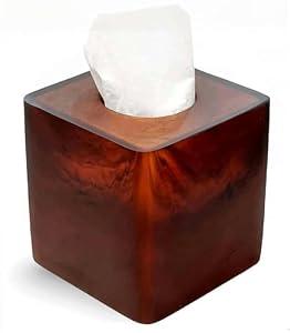 Smooth Tortoiseshell Finish Facial Tissue Box Cover - Brown Resin Cube Tissue Holder with Open Bottom, Modern Home Decor for Bathroom, Living Room, Kitchen, Office - Unique Housewarming Gift