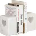 Mie Creations Valentine's Heart Marble Book Ends for Shelves Set of 2, Decorative Elegant Heavy White Heart Shape Unique Bookends Holder, Solid Non-Skid Bookend Gifts for Him, Her, Bookshelf Dcor