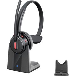 Angteela Bluetooth Headset with Noise Cancelling Microphone Wireless Headset with Charging Base, USB dongle, and one-Key Mute for Home Office, Call Center, and Trucker use