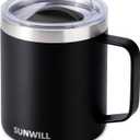 SUNWILL Travel Coffee Mug with Lid, Insulated Tumbler with Handle, 14oz Stainless Steel Cup for Camping, Outdoor, Powder Coated Black