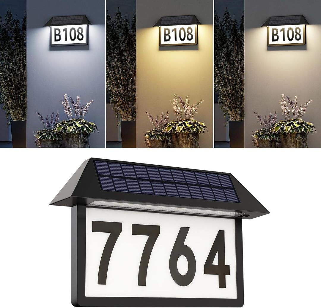 Solar Address Sign, Lighted House Numbers Waterproof, 3-Color Lighting Modes LED Illuminated Address Plaque, Wall Mount Address Number for Home