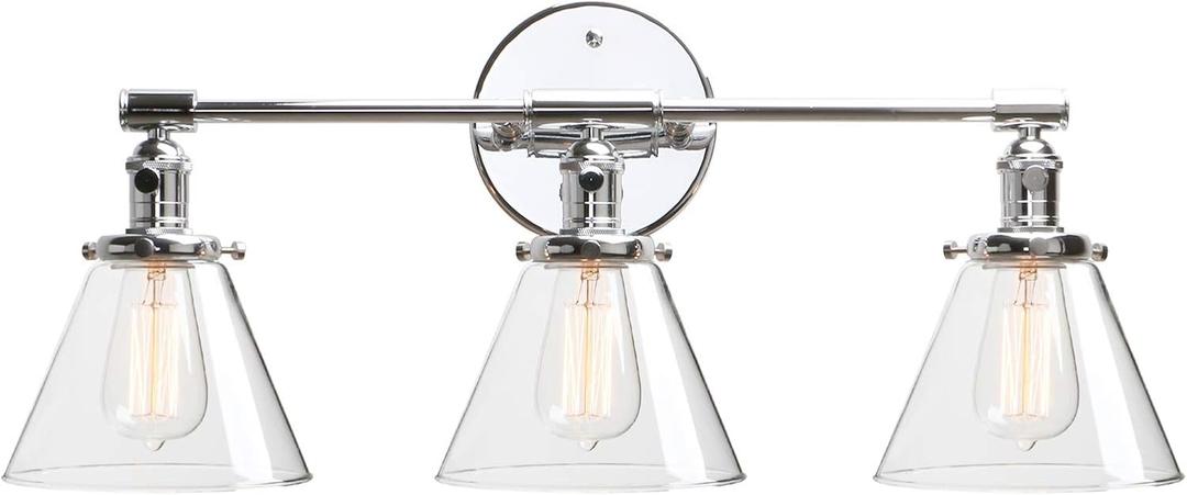 Phansthy 3-Light Wall Sconces Antique Brass Vanity Light, Industrial Wall Lamps with On Off Switch and Clear Glass Lampshade, Vintage Wall Lighting for Bathroom Living Room (Chrome, Cone Shade)