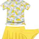 Cadocado Girls Rash Guard Swimwear 3 Pieces Bathing Suit UPF 50+ Floral Swim Set Short Sleeve Swimsuit with Skirt (10 Years, Yellow)