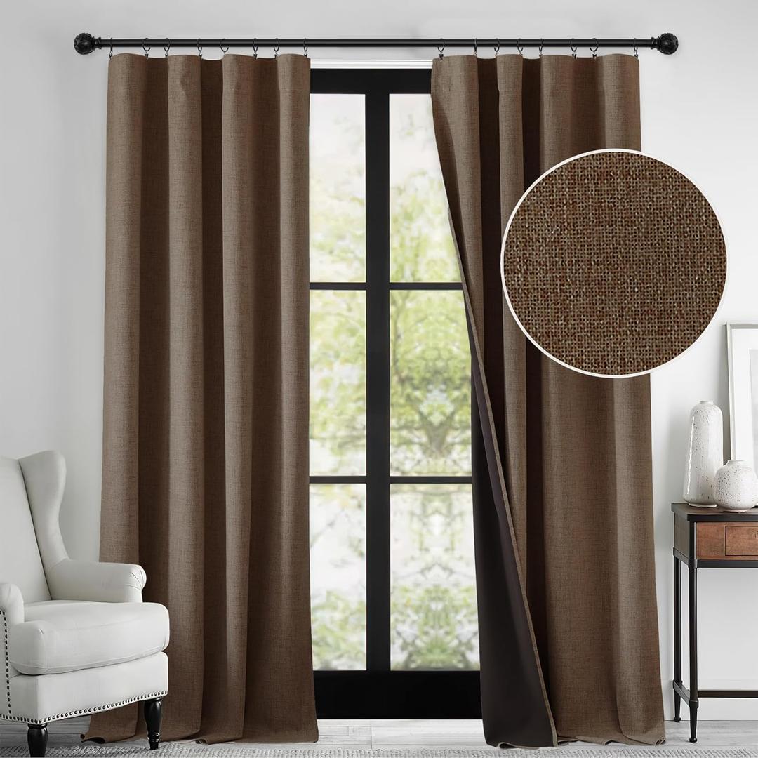 RYB HOME 100% Blackout Linen Textured Curtains 90 inches Long, Thermal Insulating Privacy Energy Saving for Bedroom Living Room Window Office Theater Dining Nursery, W 52 x L 90 in, Coffee, 2 Panels