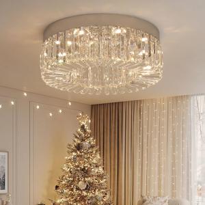 VETRULUS Crystal Chandeliers for Living Room 20Inch Flush Mount Crystal Ceiling Light Fixtures Modern LED Chandelier for Dining Room Kitchen Foyer Chrome Silver