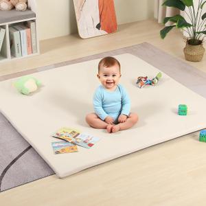 50"x50" Premium Baby Play Mat, Thick Memory Foam with Wipe-Clean Leather Cover, Non-Slip & Machine Washable Floor Mat for Tummy Time, Crawling and Family Bonding Time, Cream