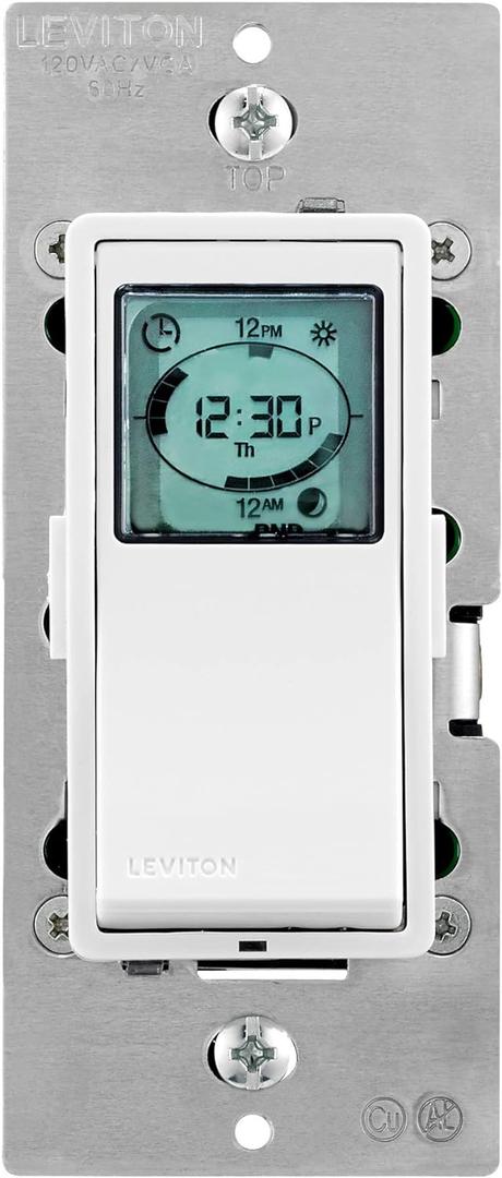Leviton Decora Programmable and Astronomical Timer Switch for Lights and Motor Loads, Neutral Wire Required, Single Pole or 3-Way, VPT24-1PZ, White with Ivory and Light Almond Faceplates