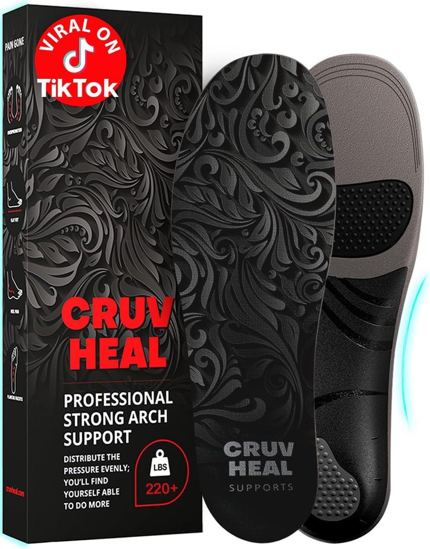 CRUVHEAL 220+ lbs Plantar Fasciitis High Arch Support Insoles Men Women - Orthotic Shoe Inserts - Boot Work Shoe Insole (Gray, M) (M(Men 9-10.5/Women 10-11.5), Graphite)
