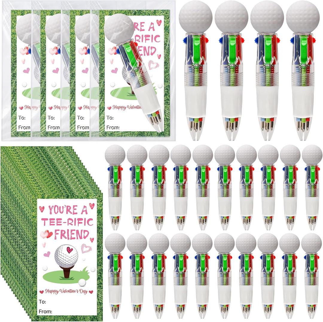LiYiQ 24 Sets Valentine's Day 4-in-1 Ballpoint Pens with Positive Cards Exchange Gifts Bulk Golf Party Favors Golf Team Gifts for Golf Lover Classroom Prizes Goodie Bags Stuffers