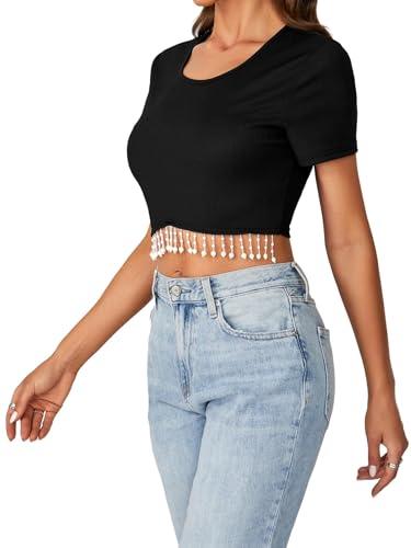 LYANER Women's Round Neck Short Sleeve Fringe Tassel Trim Hem Rib Crop Top Blouse Black X-Small