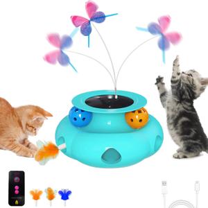 Interactive Cat Toys for Indoor Cats, 3in1 Pet Teaser Toy with Ambush Feather Wand, Fluttering Butterfly and Track Balls, Touch Activated Automatic Kitten Rechargeable Toys (Blue)