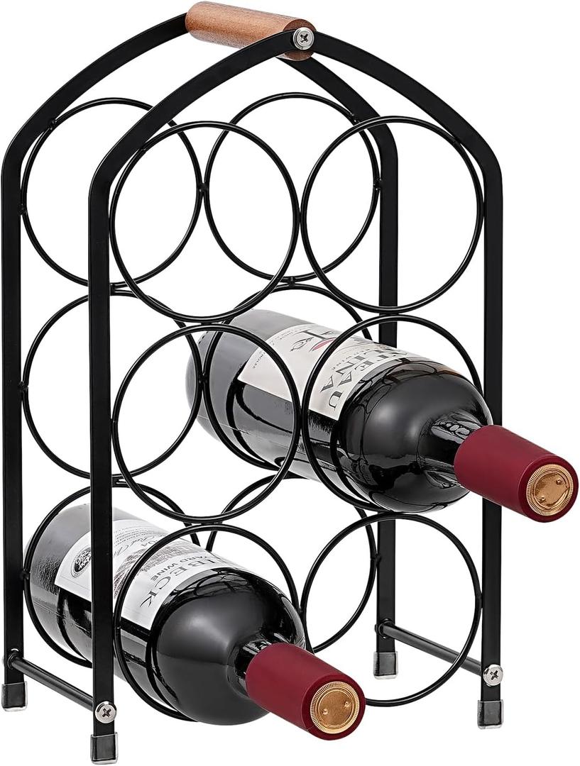 Small Wine Racks Countertop. Stylish Wine Holder Countertop with Modern Arched 6-Bottle Metal Wine Rack Design.Wood Handle.Effortless Assembly, Perfect for Cabinet,Bar &Kitchen (Black)