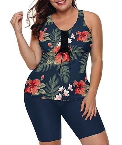 LALAGEN Womens 2025 Plus Size Tankini Swimsuits Rash Guard Capris Athletic Two Piece Swimwear Bathing Suits Print Blue 4X