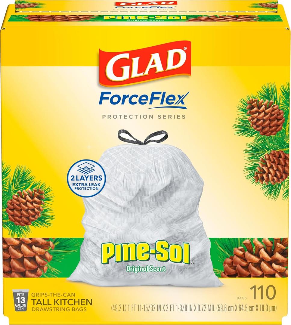 Glad ForceFlex Tall Kitchen Trash Bags, 13 Gal, Pine-Sol Original Scent, 110 Ct, 