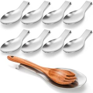 8 Pack Stainless Steel Spoon Rest, Large Size Ladle Spatula Tong Holder, Heavy Duty Cooking Utensil Rest for Stove Top Kitchen Countertop, Dishwasher Safe Kitchenware, Silver