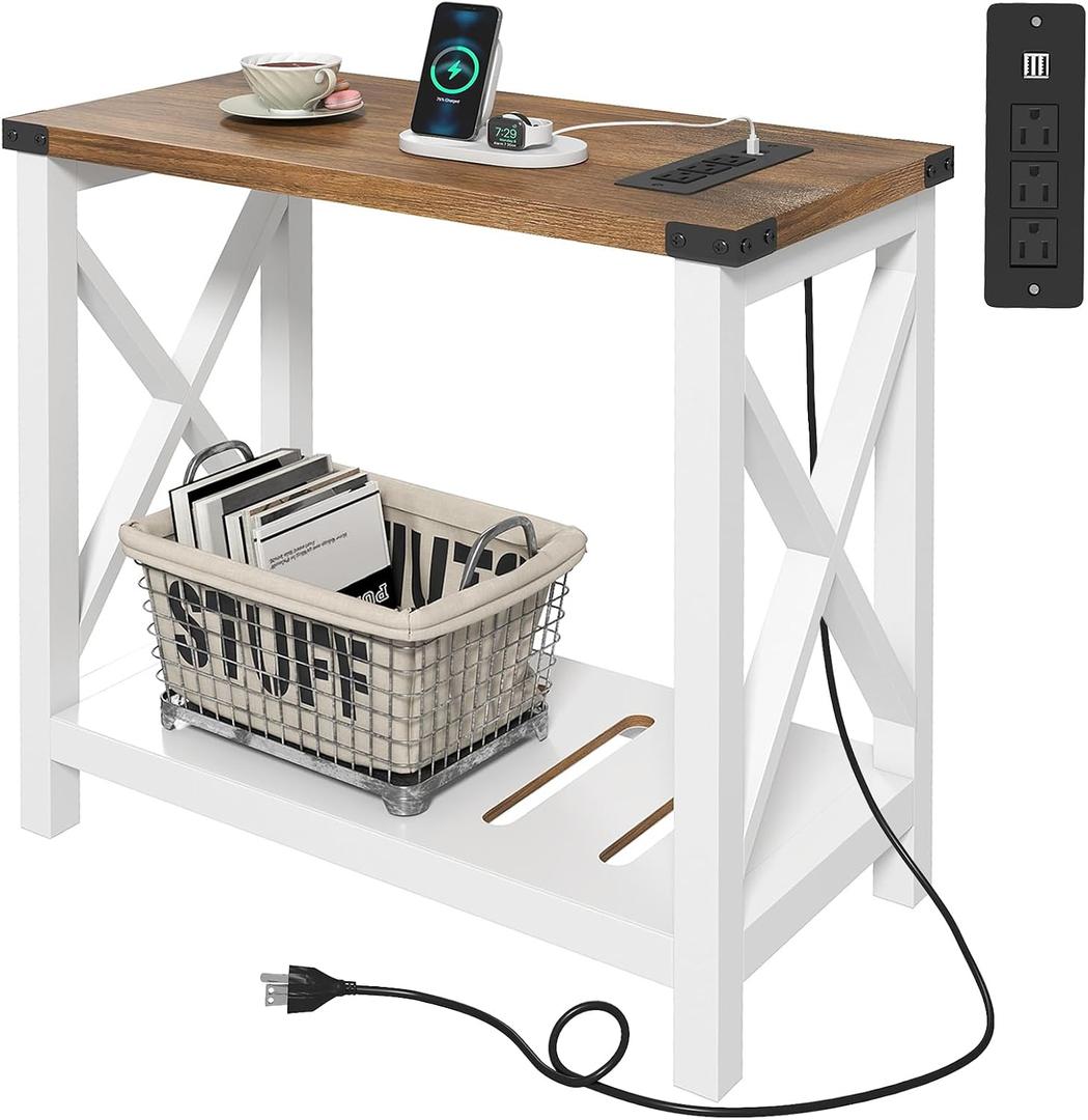 Hadulcet Farmhouse Side Table with Storage Shelf - Narrow End Table with Charging Station, Slim End Tables Living Room, Rustic X-Design Nightstand for Bedroom, Small Space, White & Brown