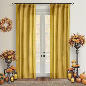 Pinch Pleated Mustard Yellow Linen Curtains 84 Inches Long 2 Panels Set for Living Room Dining Pinch Pleat Back Tab Light Filtering Farmhouse Boho Retro Window Curtain Drapes Gold Yellow Spring Decor
