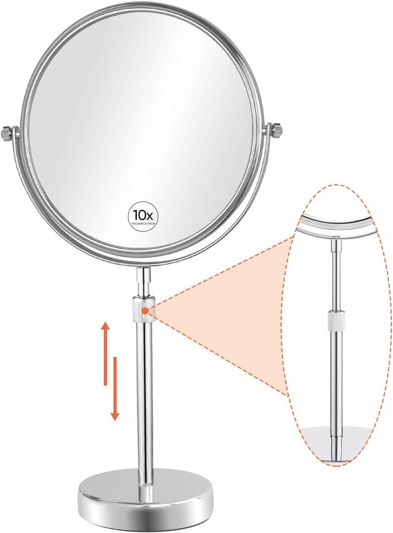 Nicesail 19 Inch Tall Makeup Mirror with 10X Magnification, Make up Mirror 8 Inch Double-Sided, Table Mirror with Pedestal for Shaving, Standing Mirror Height Adjustable Chrome Finish (8 Inch, 10X)
