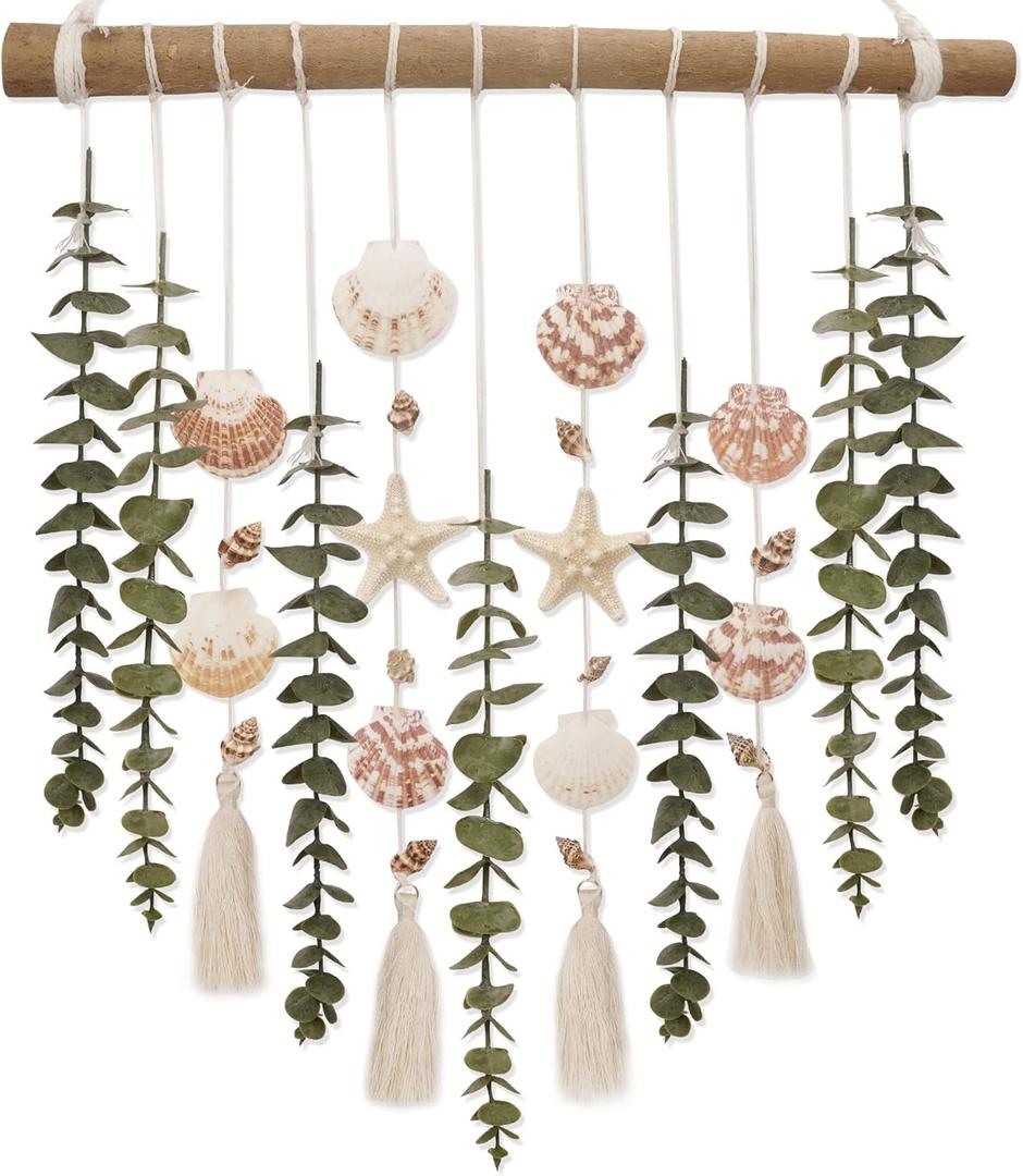 Bathroom Wall Decor Artificial Eucalyptus Boho Bedroom Decor Fake Eucalyptus Plants Leaves with Seashell on Stick Coastal Decor Natural Home Decorations for Living Room Nursery Kitchen