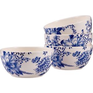 Bico Blue Floral Haven Ceramic Cereal Bowls Set of 4, 26oz, for Pasta, Salad, Cereal, Soup & Microwave & Dishwasher Safe