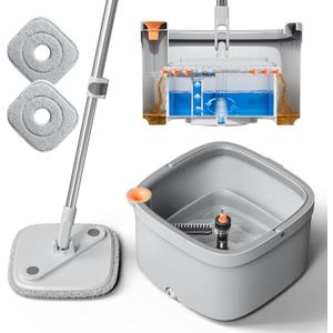 KZKR Spin Mop and Bucket Set with Self Separation Dirty and Clean Water System, Self Wringing 360 Rotating Square Mop Head for Home Floors Cleaning (1.0 Mop and Bucket Set (2 Pads))