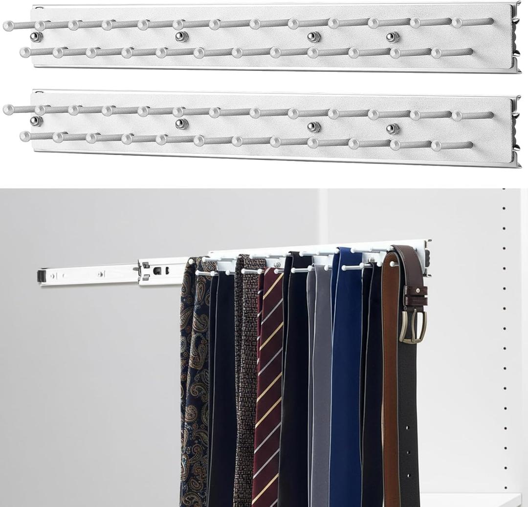 Blulu 2 Pcs Sliding Tie Rack Hanger for Closet, 25 Tie Pull Out Wall Mount Extending Sturdy Metal Belt Organizer Holder for Men Belt Storage, 13.8'' x 1.7'', Sliver