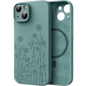 for iPhone 14 Phone Case for Women Compatible with Magsafe, Hard Liquid Silicone Cute Mint Green Spring Floral Design Shock Proof Heavy-Duty Protection for Women Girls