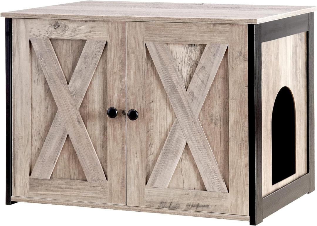 Dwanton Litter Box Enclosure, Cat Litter Box Furniture Hidden, Reversible Entrance Can Be on Left or Right Side, Wooden Cat Washroom Indoor, Greige, 27.6 Inches (Greige)