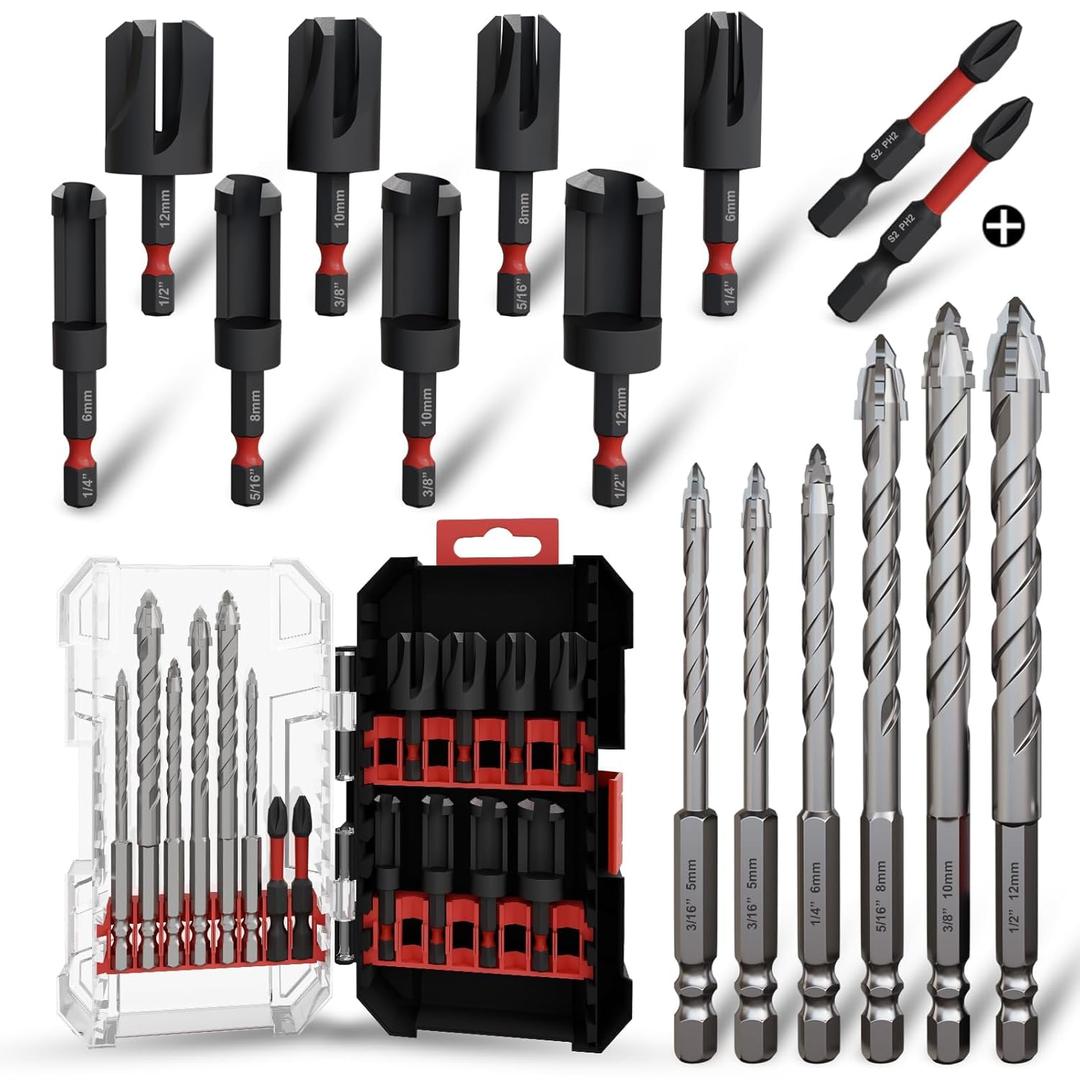 Wood Plug Cutter Drill Bit Set 16-Piece, Straight and Tapered Cutting Tools Includes Screwdriver Bits and Masonry Drill Bit Set, 1/4" Hex Shank for Woodworking with Storage Box