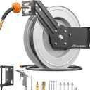 Steel Retractable Air Hose Reel,3/8" x 50 ft Hybrid Hose Max 300PSI,Heavy Duty Air Compressor Hose Reel with Auto Rewind/Quick Air Coupler/Durable Double Side Frame for Garage, Workshop.
