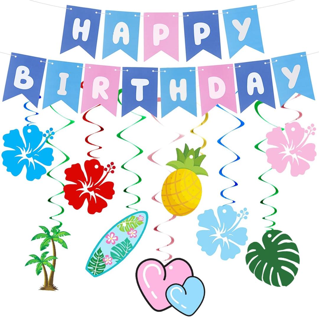 Blue Pink Happy Birthday Banner Party Decorations and Hanging Swirls with Hawaiian Decorations for Birthday Party Supplies