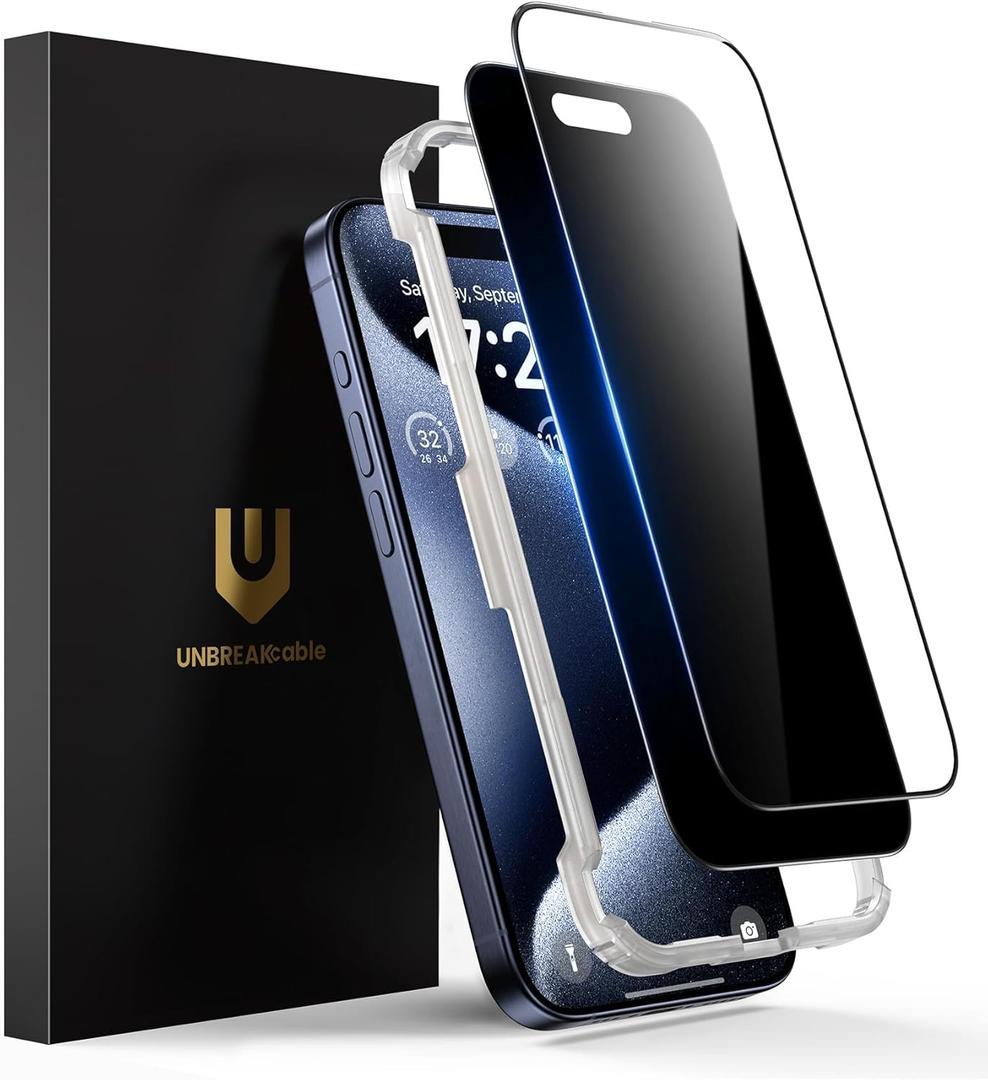 UNBREAKcable 2PCS Screen Protector for iPhone 15 Pro - 1 Privacy Tempered Glass+1 Clear Glass Double Shatterproof [Installation Frame] [9H Hardness] [Case Friendly] Anti-Scratch for iPhone 6.1 inch