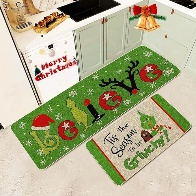 Christmas Kitchen Rugs and Mats Set of 2, Christmas Indoor Floor Mats Non-Slip Kitchen Mat Door Mat Runner Rug for Kitchen Home Christmas Decor 17" x 47"+17" x 29"