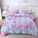 RYNGHIPY Purple Tie Dye Rainbow Duvet Cover Set, Fluffy Fuzzy Long Hair Faux Fur Crystal Velvet Bedding Set for Teens Girls (Purple,Full)