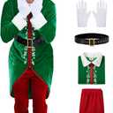 Arvilhill 6 Pcs Men's Christmas Elf Costume Deluxe Santa Helper Outfits with Coat Pants Hat Gloves Belt M
