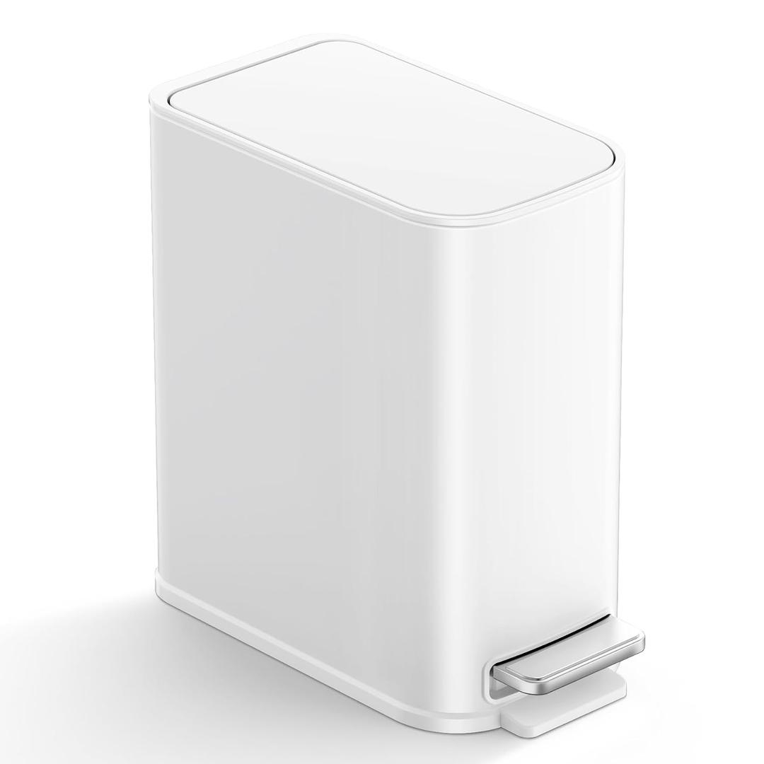 TIPGO Small Bathroom Trash Can with Lid Soft Close, Step Pedal, 1.3 Gallon / 5 Liter Stainless Steel Slim Garbage Can for Office, Diaper Waste Basket with Removable Inner Bucket (White)