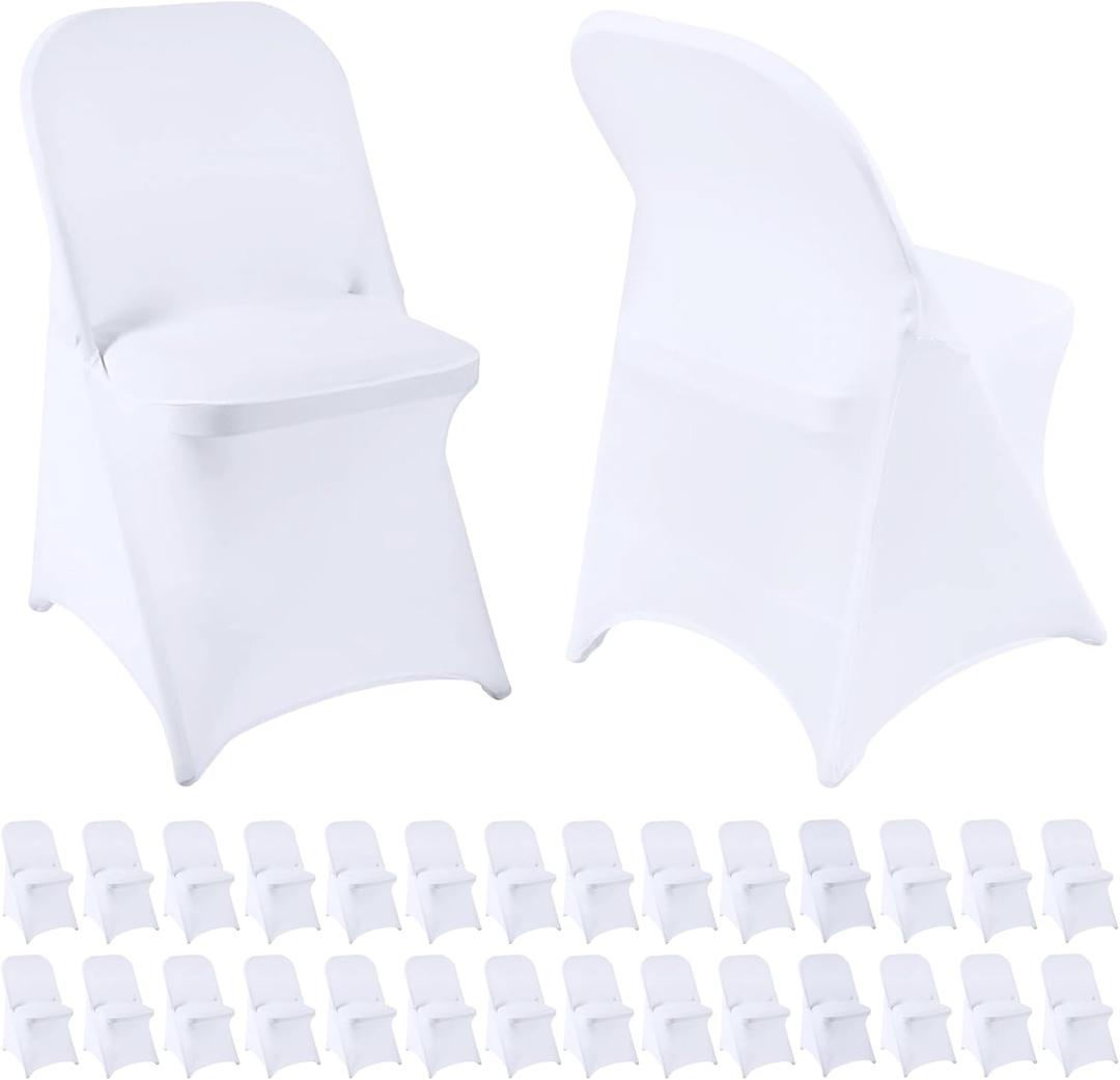 Folding Chair Covers 30 PCS Stretch Spandex Chair Covers Upgraded Universal Washable Fitted Chair Slipcovers Protector for Party, Wedding, Holidays, Banquet, Celebration (White, 30 PCS)