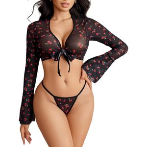 Avidlove Lingerie Sets for Women Sexy Going Out Sheer Top Long Sleeve Mesh Crop Tops See Through Bell Sleeves Top (XX-Large, A Cherry Print)
