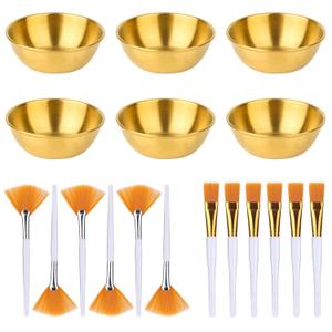 18pcs Esthetician Facial Supplies Set, Including 6 Gold Stainless Steel Bowls, 6 Fan Brushes & 6 Flat Brushes Face Mask Applicator Facial Mask Mixing Bowl Set Essential Tool for Women Spa (Gold)