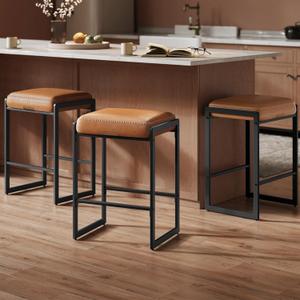 VASAGLE EKHO Collection - Bar Stools Set of 3, Counter Height Bar Stools, Synthetic Leather with Stitching, Mid-Century Modern Counter Stools, 26-Inch Tall, Kitchen Home Bar Dining Room, Caramel Brown