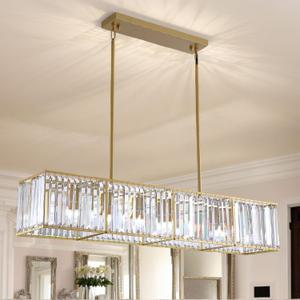 Siljoy Gold Crystal Chandelier for Dining Room, 7-Light Modern Rectangular K9 Crystal Raindrop Chandelier Pendant Ceiling Light Fixture for Living Room Kitchen Island, L47'' x W8.6'' x H8.6''