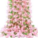 6Pcs 50.5FT Artificial Cherry Blossom & Grape Leaf Garland Set – Silk Pink Cherry Blossom Vines with Greenery for Wedding, Party, Home, and Spring/Summer Decor
